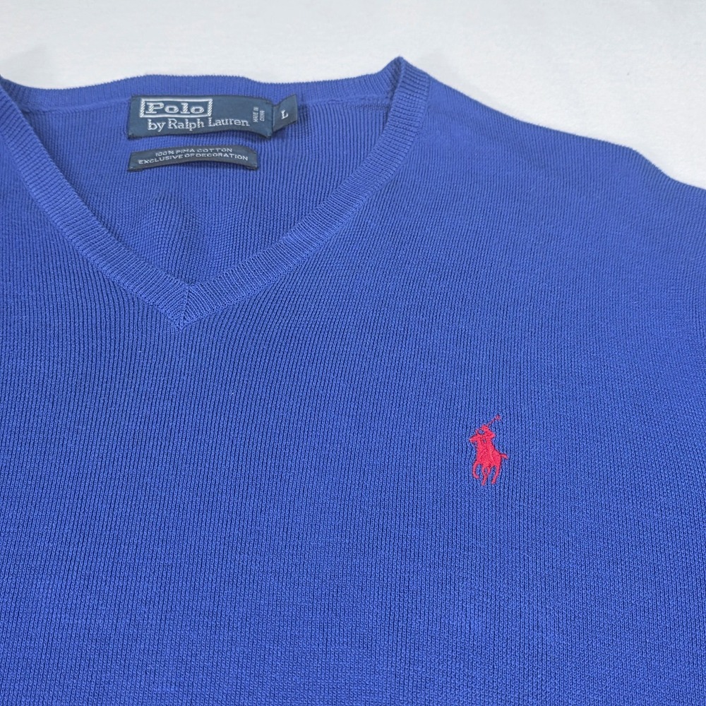 Vintage Y2K RALPH LAUREN POLO Jumper Sweater V-Neck Blue Size L Pima Cotton